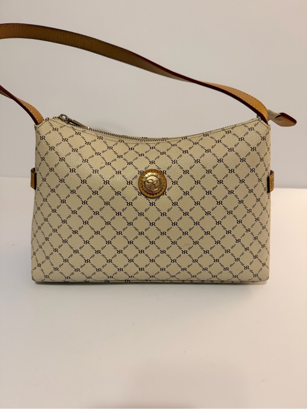 Rioni IVORY Brown Logo Monogram Shoulder Bag Zip Top Pockets Studs Gold